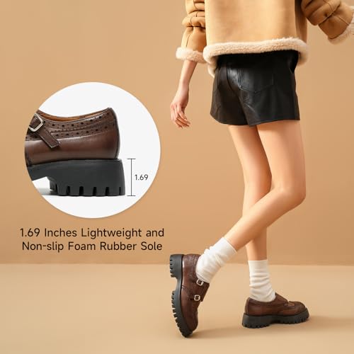 Image of BEAU TODAY Chunky Loafers for Women, Women's Leather Platform Loafers, Lug Sole Tassel Slip On Loafers Shoes Brogues Wingtip Casual Business Shoes Comfortable Dressy