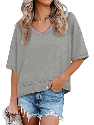 Image of UNCLECAT Womens V Neck T Shirts Summer Trendy Loose Fit Casual Tops Tees | Short sleeve, Spliced hem, Flowy graphic tees,Solid color cute basic t-shirts