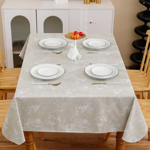 Image of Heavy Duty Vinyl Tablecloth with Flannel Backing Waterproof Oil-Proof Plastic Table Cloth Stain-Resistant Wipeable Rectangle or Square Table Cover for Indoor and Outdoor (Beige Leaf,60x102 Inch)