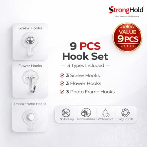 Image of StrongHold Wall Hook Combo Pack of 9 - (3 Pcs of Each Hooks) | Self Adhesive Photo FrameHooks, ScrewHooks & FlowerHooks | Heavy Duty Transparent & Stainless Steel Wall Hooks