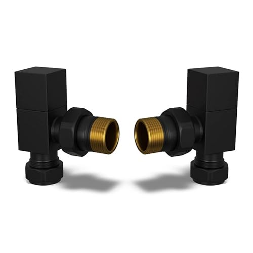 UK Radiators Square Black Radiator Valve Pair - Black Matt Finish - Classy and Modern Design 1/2" x 15mm Angled Radiator Valve Pair - Pair of Valves