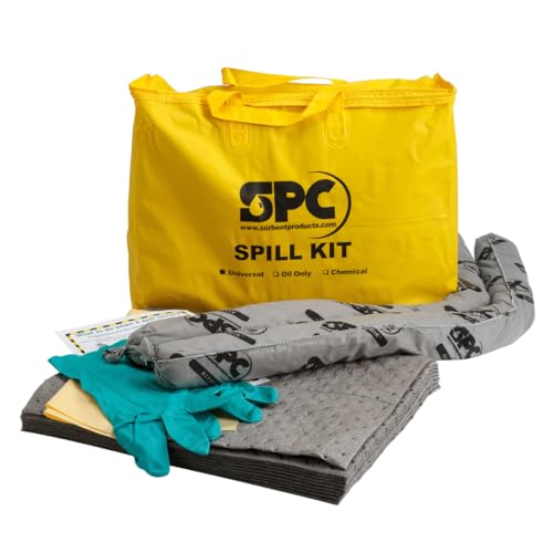 SPC® by Brady Universal Spill Kit – Anti-Pollution Kit - Portable Kit for Small Spills, Absorbs Oils, Water, Solvents & Coolants, Includes 10 Absorbent Pads, 2 Socks, Gloves & Disposal Bag