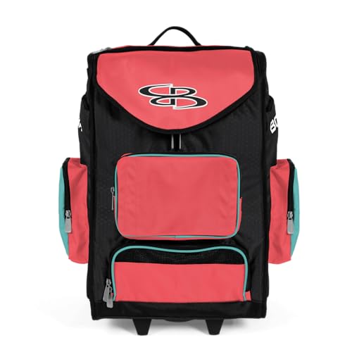 Boombah Ultrapack Hybrid Rolling Bat Bag - Wheeled & Backpack Version - Tri-Tone Black/Neon Coral/Turquoise