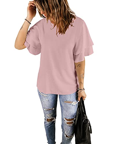 Luvamia Women's Casual 3/4 Tiered Bell Sleeve Crewneck Loose Tops Blouses Shirt Crewneck Blouses For Women Ballerin Pink Size Medium Size 8 Size 10 #TOP5