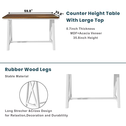 Dining Table Set For 6, Farmhouse 7-Piece Counter Height Wooden Dining Table Set With 6 Upholstered Chairs - Rustic Kitchen Furniture For Dining And Entertaining, White #TOP3