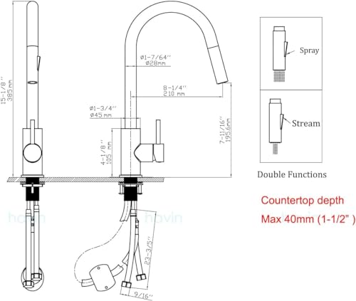 Havin Gold Kitchen Faucet,Kitchen Faucet with Pull Down Sprayer Head,with cUPC Certificate Ceramic Cartridge,Spot Free,Including 10 inch Deck Plated, Fit for 1 and 3 Holes (Style A, Gold) by havin - Image 5