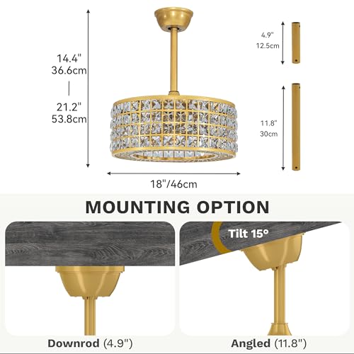 DWVO 18" Crystal Caged Ceiling Fan with Light, Modern Industrial Chandelier with Remote, 3 Speed & 3 Color Temperatures, Reversible Blades for Bedroom, Living Room - Gold