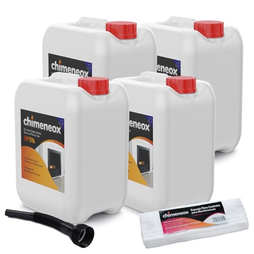 4 x 5L Bioetanol 99,5% para chimeneas de Chimeneox (con Embudo) + 2 x Esponja Fibra Cerámica