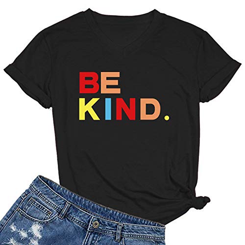 MIMOORN Women V Neck Be Kind T Shirts Cute Letter Print Funny Inspirational Graphic Tees Tops Black X-Large