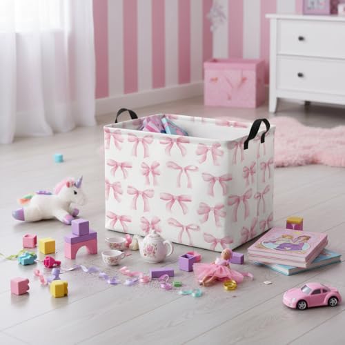 Image of Rectangular Baby Kids Storage Basket for Home Kitchen Girls Cute Toy Storage Bin Organizer Shelf Book Room Decor(Bowknot)