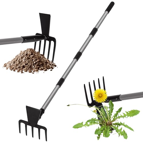Walensee Hoe Garden Tool, 63 Inch Garden Hoe with Adjustable Long Handle for Weeding, 5-Tines Hoe Cultivator 2 in 1 Hand Garde Tools for Yard Lawn Planting Gardening Digging