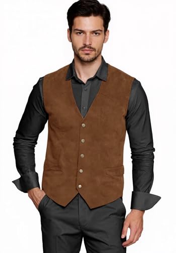 Men's Cowboy Suede Suit Vest Single Breasted Vintage Formal Faux Leather Waistcoat3