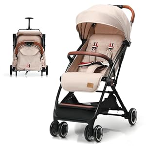 BABY JOY Lightweight Baby Stroller, Compact Toddler Travel Stroller for Airplane, Infant Stroller w/ 5-Point Harness, Adjustable Backrest/Footrest/Canopy, Storage Basket, Easy One-Hand Fold, Beige