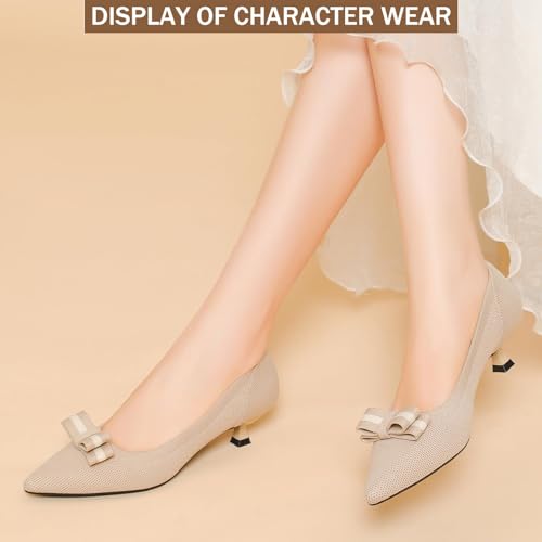 Women's Knit Kitten Heel Pumps Fashion Bow Decoration Closed Pointed Toe Slip On Low Heel Dress Shoe Summer Comfort Breathable Mesh Formal Pumps for Everyday Parties Evening Dates3