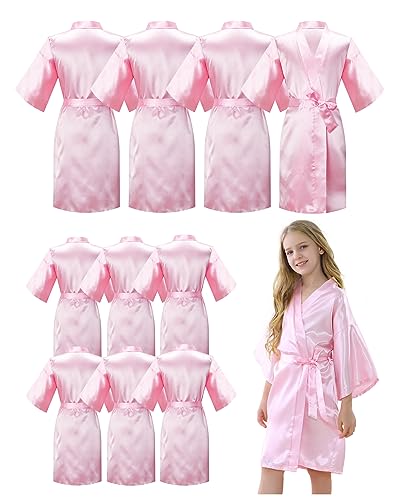 MORFORU 10-teiliges Kimono-Bademantel-Set für Mädchen und Kinder, einfarbig, seidiger Satin, für Hochzeit, Spa, Geburtstagsparty, Pink, 14