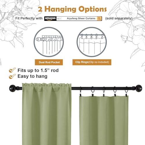 Image of Aiyufeng Sage Green Blackout Curtains for Bedroom 63 Inch Length 2 Panels Set, Solid Thermal Insulated Energy Saving Rod Pocket Window Treatment Curtains Blackout Drapes, W40 x L63 Inch, Sage
