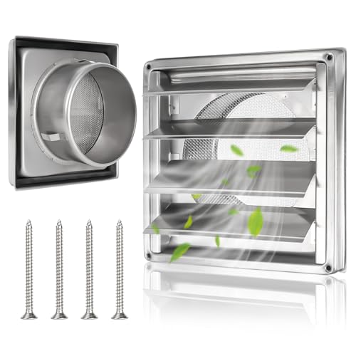 XTDMJ Ventilatierooster van 125 mm roestvrij staal met terugslagklep, beweegbare lamellen, insectenwerend rooster, VMC-buis en afdekking afzuigkap voor buiten met rubberen afdichting en schroeven