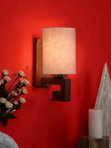 Image of Wall Lamp with Wooden Base (H- 10.9 Inch, Pinkish Grey) Wall Sconce for Bedroom /Living Room, Study Room, Hall, Home Office Decor | Indoor Lighting, Warm Ambient Night Light Lamp | Barrel Shape