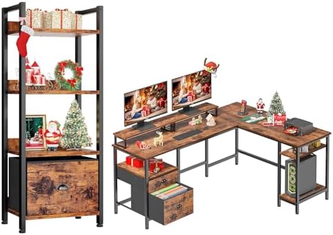 Furologee 4 Tier Bookshelf with Drawer and 66″ L Shaped Computer Desk with Shelves, Desk Writing Study Table Workstation, Rustic Brown