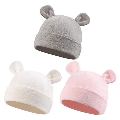 Image of Duoyeree Baby Hat Newborn Hat Adorable Cotton Bear Ear Beanie Cap for Infant Girl Boy 0-6 Months (Pink White Grey)