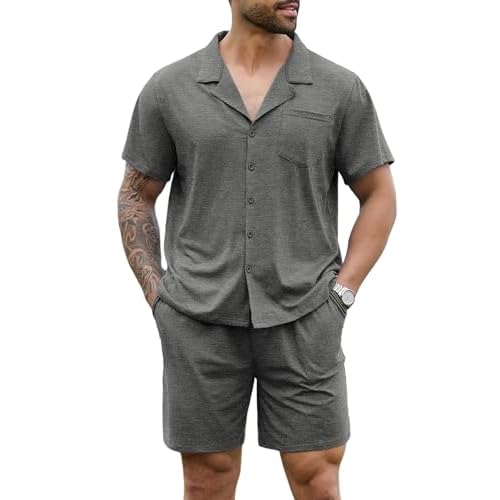 Marvmys Men Pajama Set Cotton Sleepwear Short Sleeve Button Down Pajamas Loungewear 2 Piece Pj Set with Pockets S-2XL Small Dark Grey New