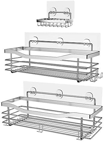 Orimade Shower Caddy Basket Soap Dish Holder Shelf with 5 Hooks Bathroom Organiser Shelf Kitchen Storage Rack Wall Mounted Adhesive No Drilling SUS304 Stainless Steel - 3 Pack