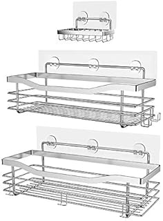 Orimade Shower Caddy Basket Soap Dish Holder Shelf with 5 Hooks Bathroom Organiser Shelf Kitchen Storage Rack Wall Mounted Adhesive No Drilling SUS304 Stainless Steel - 3 Pack
