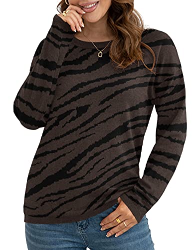Viishow Women's Sweaters Crew Neck Casual Long Sleeve Color Block Patchwork Pullover Knit Sweater Tops,Brown Leopard,Medium #TOP1