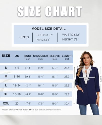 MINTLIMIT Women's Casual Long Blazer 3/4 Ruched Sleeve Lapel Button Front Work Office Blazers Suit Jacket with Pockets4