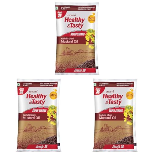Image of Emami Healthy and Tasty Super Strong Kachchi Ghani Mustard Oil, 900 G Pouch (Pack of 3)