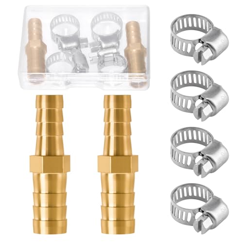 LEONTOOL 2 Pack Hose Barb Fittings Reducer, 5/16" to 3/8" Brass Hose Barb Reducer with 4 Hoses Clamps, Reducing Brabed Fitting Splicer Mender Union, Brass Hoses Barbed Adapter for Fuel Water Air