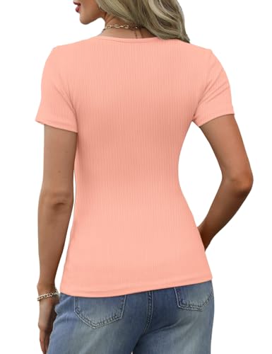 GKBK Ribbed Short Sleeve Tops for Women Henley V Neck Top Slim Fitted Tight Basic Tee Tshirts Cute Summer Tops 2025 Trendy Going Out Workout Outfits Pink M — view 4
