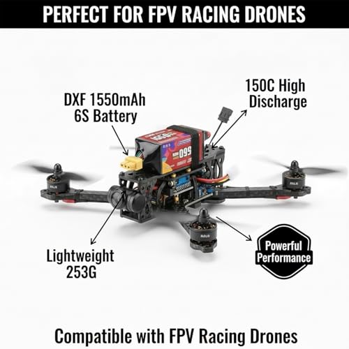 DXF 6S 1550mAh Lipo Battery 22.2V 150C with XT60 Plug RC Graphene Battery for FPV Drone Quadcopter Helicopter Airplane RC Boat Car Racing Models(2 Pack)