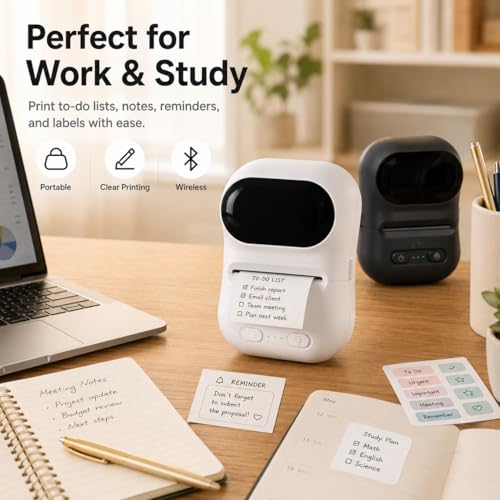 Image of Compact Thermal Printer, mini Wireless Printer, can Print barcodes and Stickers, Suitable for Office, Retail, and Jewelry Label Production, Supports Mobile Phone Connection and USB Charging (White)