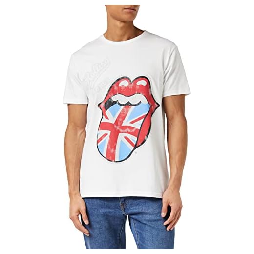 Rolling Stones The Lengua británica Vintage con tintas Suaves a Mano Camiseta, Blanco, L para Hombre