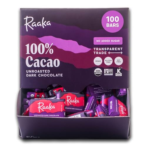 Raaka Chocolate Mini Bars, 100% Cacao, Organic, Kosher, Vegan, Gluten Free, Fair Trade, Soy Free, Non GMO, Paleo, Box of 100 Bite-Size Chocolates