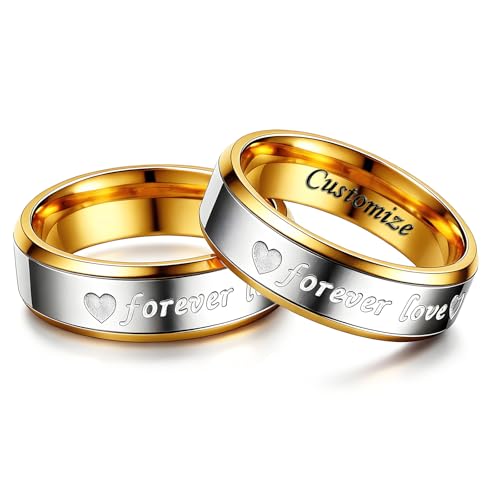 Hsumonre Forever Love Anillos de Pareja Zirconia cúbica Anillos de Promesa Grabados Alianzas de Boda Regalos de Compromiso Titanio Acero Inoxidable Dorado (Hombres-6mm,12)