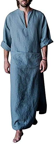 Taoliyuan Mens Abaya Muslim Thobe Linen Hooded Henley Shirt Arabic Islamic Kaftan Shirt Robe with Pocket (Medium, B-Blue)