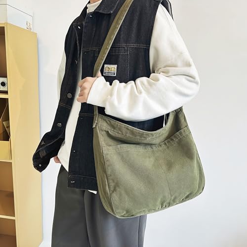 Image of Economical Cotton Canvas Tote Bag,Women Hobo Shoulder Bag Crossbody Handbag with 3 External Pocket,Zipper Closure (K Tote Bag-ArmyGreen)