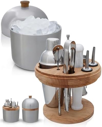 Gusto Nostro Cocktail Set Bartender Kit with Stainless Steel Ice Bucket - Complete Mixology Bar Tool Set with Wooden Organizer, Cocktail Shaker, Jigger, Muddler, Spoon, Tongs, Pourers, Recipe Cards - Thumbnail 3