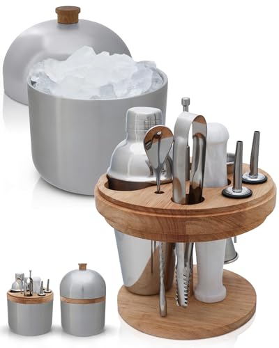 Gusto Nostro Cocktail Set Bartender Kit with Stainless Steel Ice Bucket - Complete Mixology Bar Tool Set with Wooden Organizer, Cocktail Shaker, Jigger, Muddler, Spoon, Tongs, Pourers, Recipe Cards