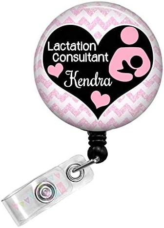Lactation Consultant - Personalized - Pink Chevron with Pink Hearts - Button Badge Reel - BR0462