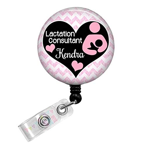 Lactation Consultant - Personalized - Pink Chevron with Pink Hearts - Button Badge Reel - BR0462