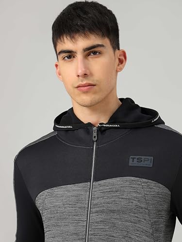Image of TECHNOSPORT Men's Self Design Hooded Slim Fit Fleece Jacket