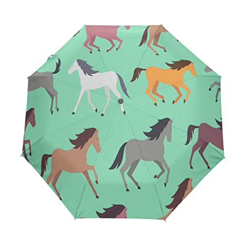 RXYY Animal Caballos Arte Pintura Plegable Auto Open Close Paraguas para Mujeres Hombres Niños Niñas Impermeable Compacto Viaje Ligero Paraguas de Lluvia Cover