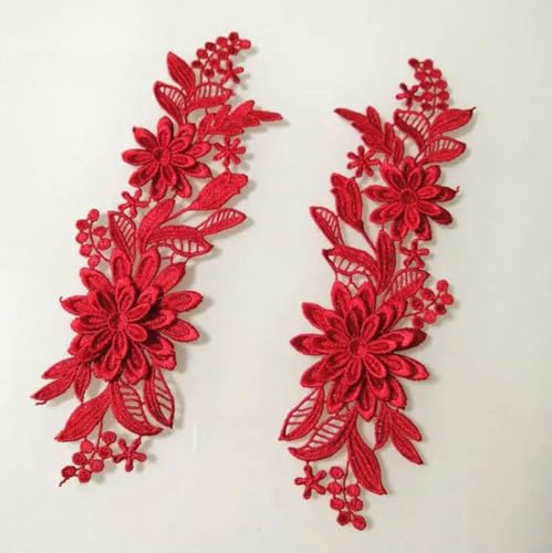 2 piezas/1 par de 25 x 10 cm, bordado, costura, vestido, apliques de encaje, parche de flores, tela de encaje, decoración, accesorios de ropa de baile, rojo