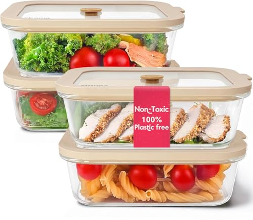 Non-Toxic 35 Oz (4.4 Cup) Glass Storage Containers with Lids – Plastic Free Meal Prep Containers for Lunch, Airtight Food Storage, Microwave and Freezer Safe, 4 Pack - Ziruma