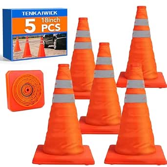 TENKAIWICK 18 Inch 5 Pack Collapsible Traffic Cones, Orange