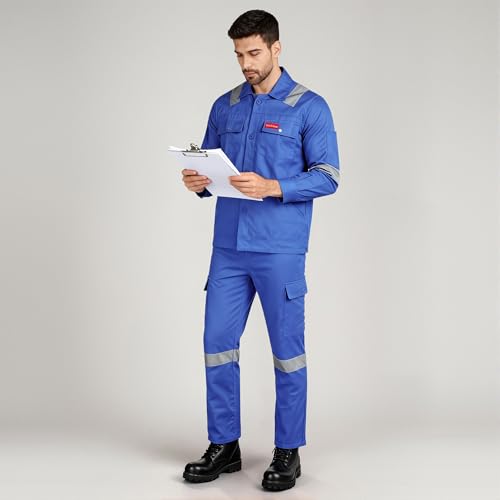 Image of Men's 100% Cotton Industrial Workwear Jacket & Pant Set with Reflective Tape, OEKOTEX, 200 GSM.