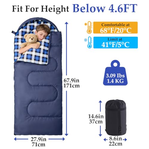 Uniqwamer Bolsa de Dormir para Niños para Niñas y Niños - Bolsa de Dormir para Camping de Franela Ligera e Impermeable para Clima Frío y Cálido de 4 Temporadas 45°F miniatura 2